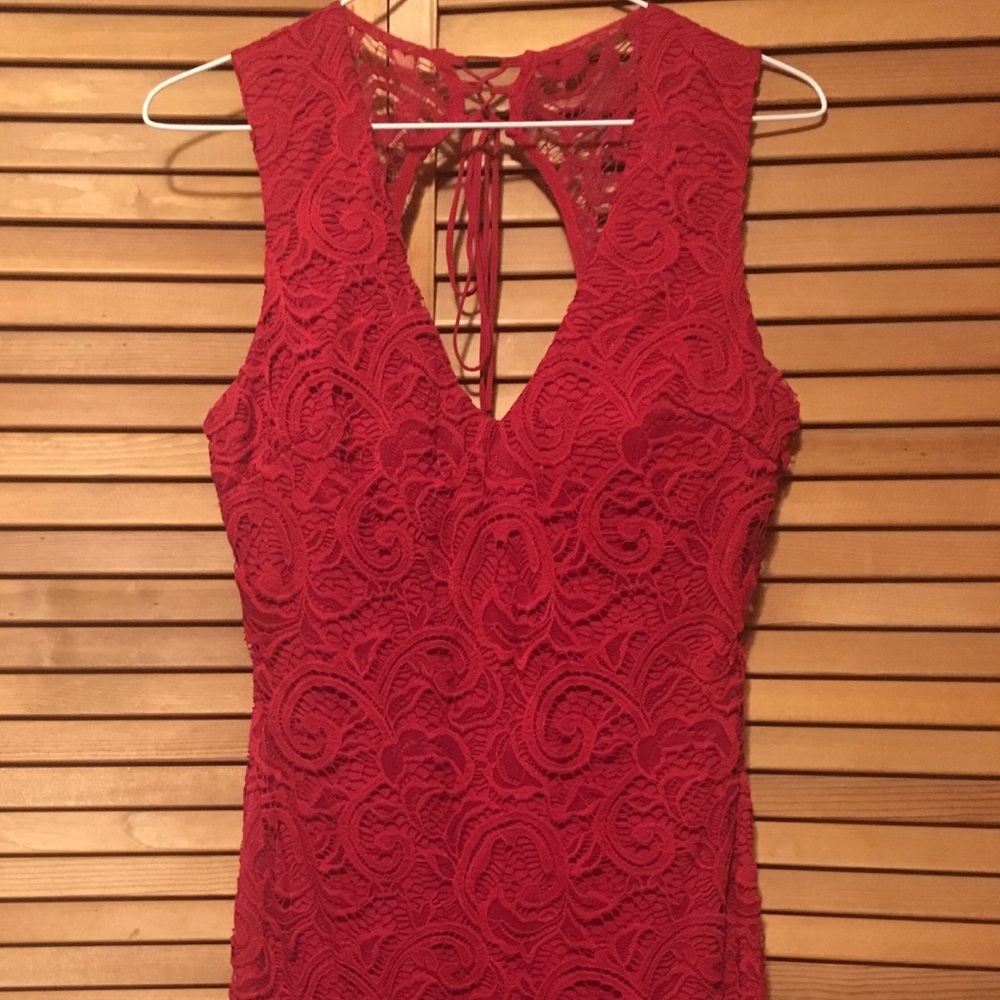 Red lace cocktail dress.